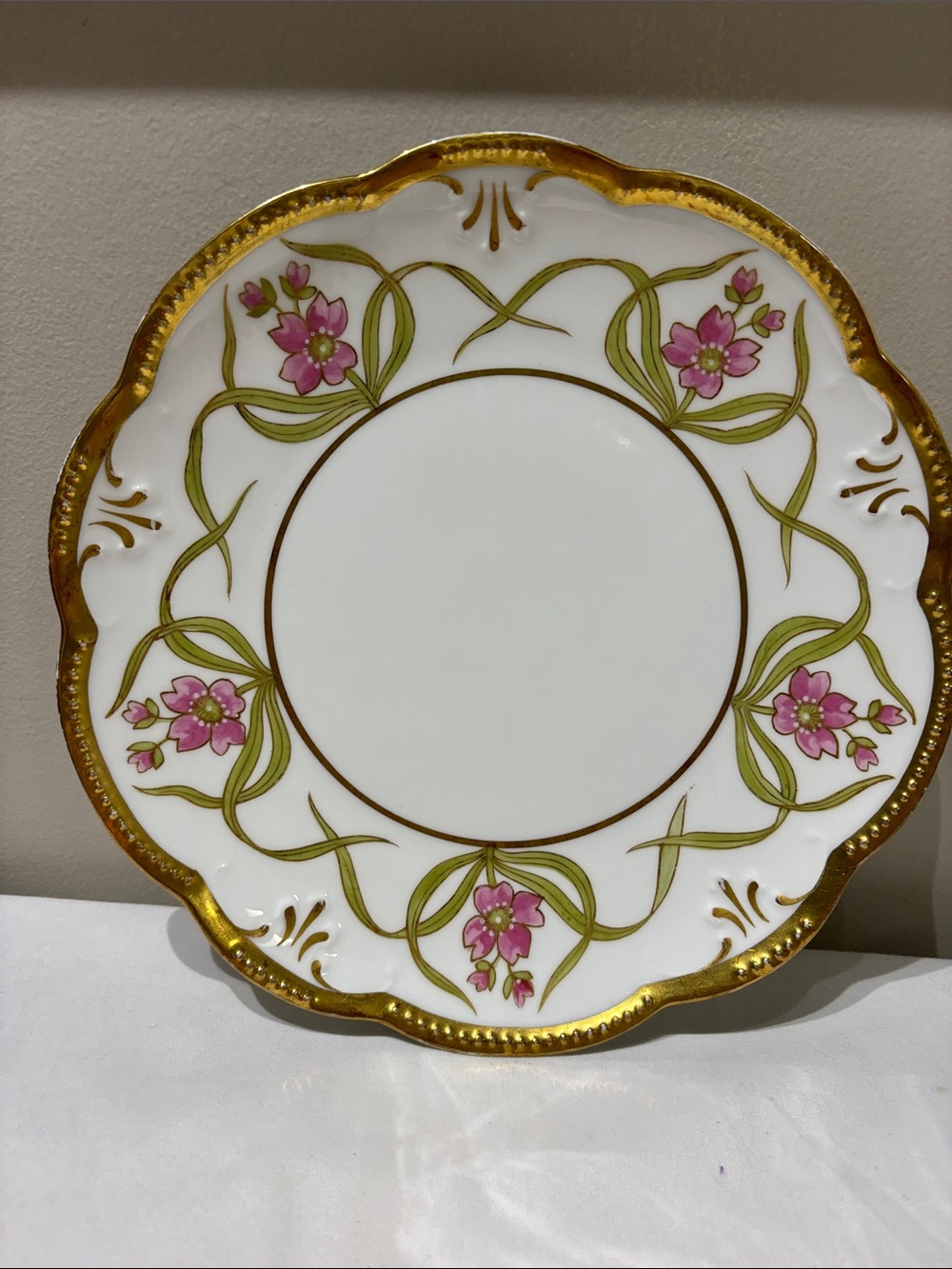 Vintage Rare Limoges MR Gold-Trim Floral Accent Plate - Pink and Green